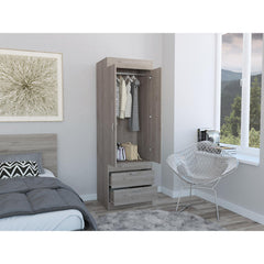 Rhea Armoire, Rod, Double Door, Two Drawers, Metal Handles Light Gray