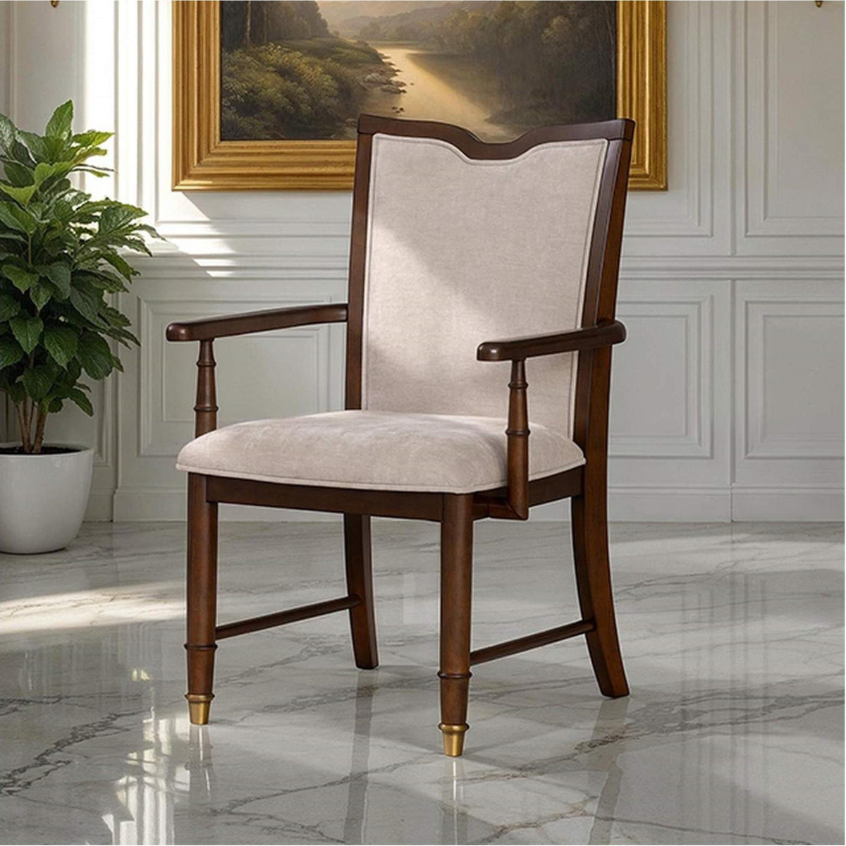 Transitional Style 2pc Arm Chair Upholstered Seat And Back Gold Capped Legs Dark Cherry Finish Dining Room