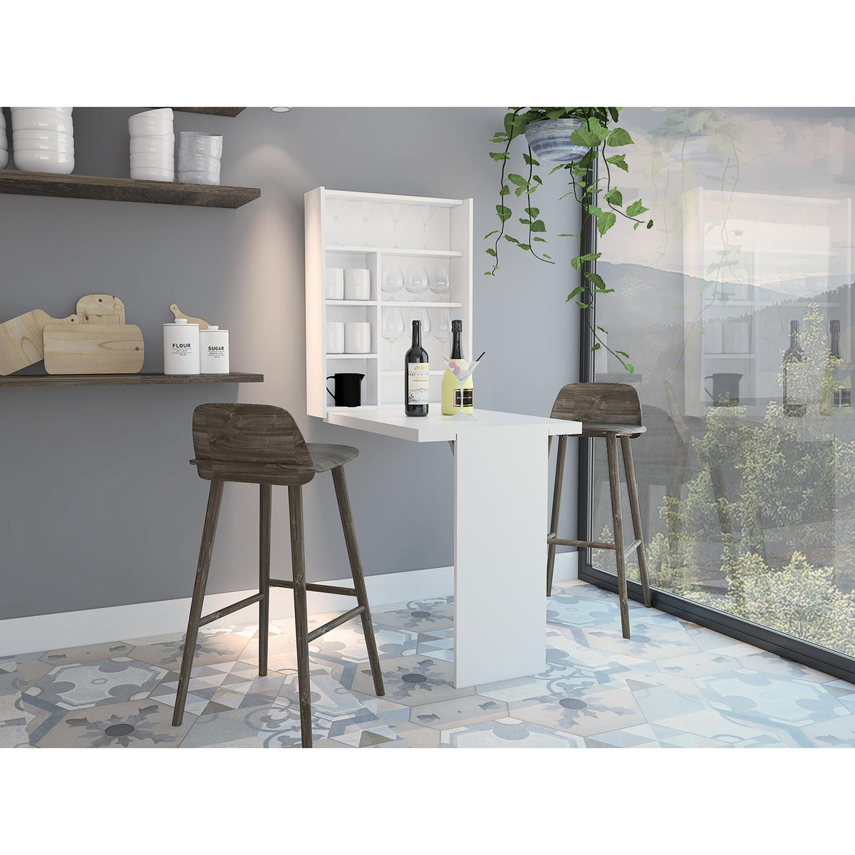 Ares Wall Foldable Table, Seven Interior Shelves, Extending Table -White