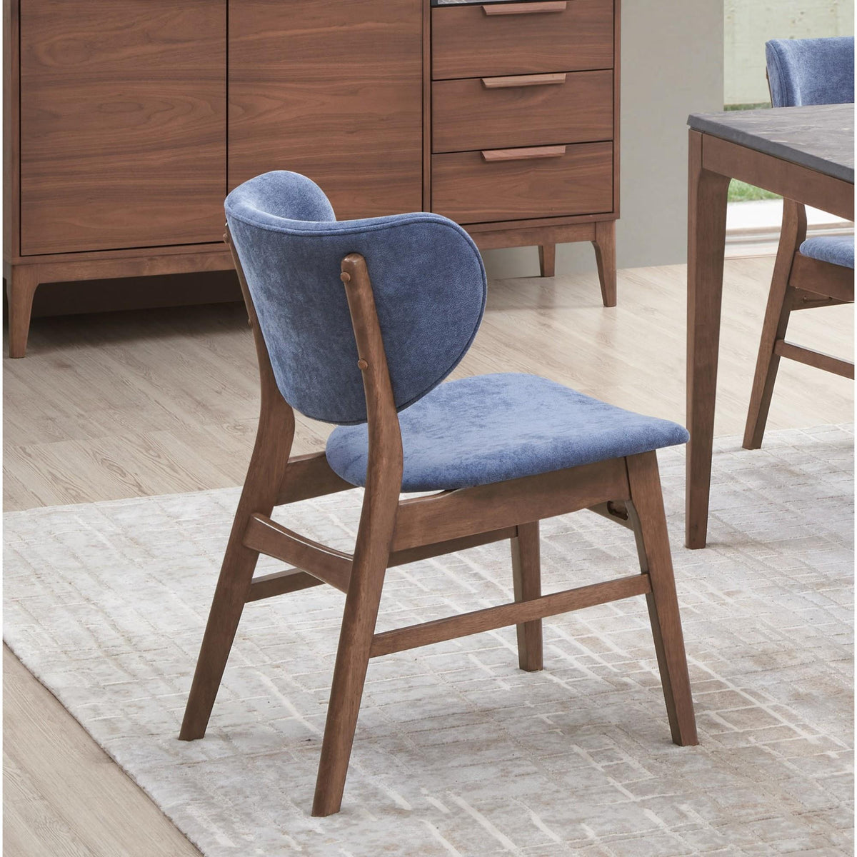 Mid-Century Modern Dining Furniture Set of 2 Side Chairs Blue And Walnut Finish Wooden Sleek Design Curved Backrest Comfort