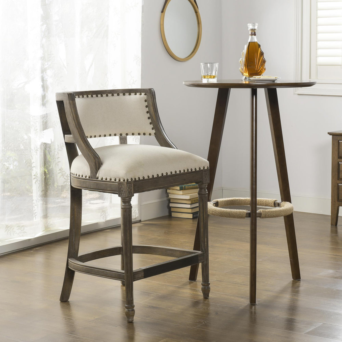 Venus 26.5" Farmhouse Counter Height Bar Stool with Backrest, Light Beige Linen