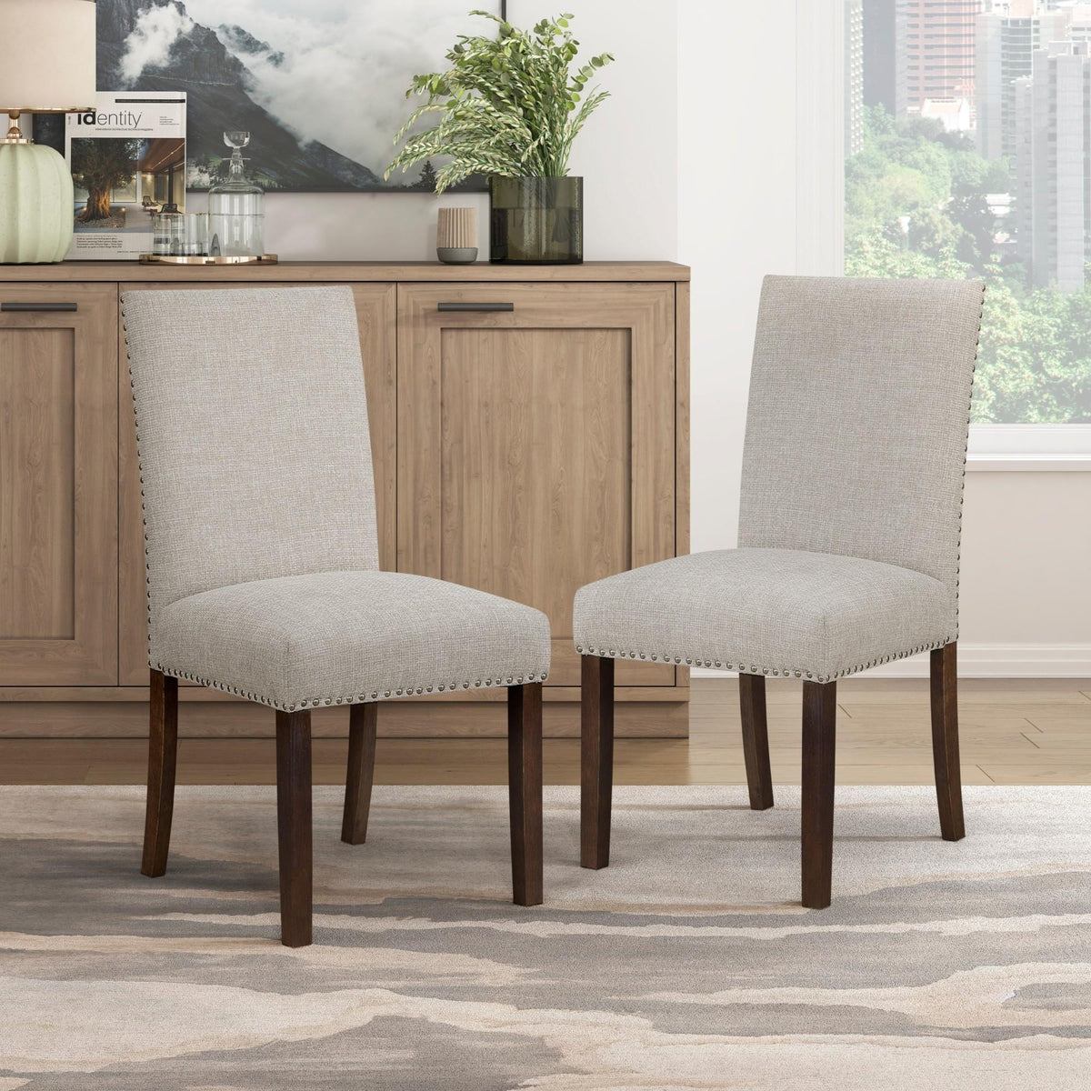 Myth Brown Dining Chairs Set of 2, Full Upholstered Comfort Seat Back Nailhead Trim Wooden Dining Furniture