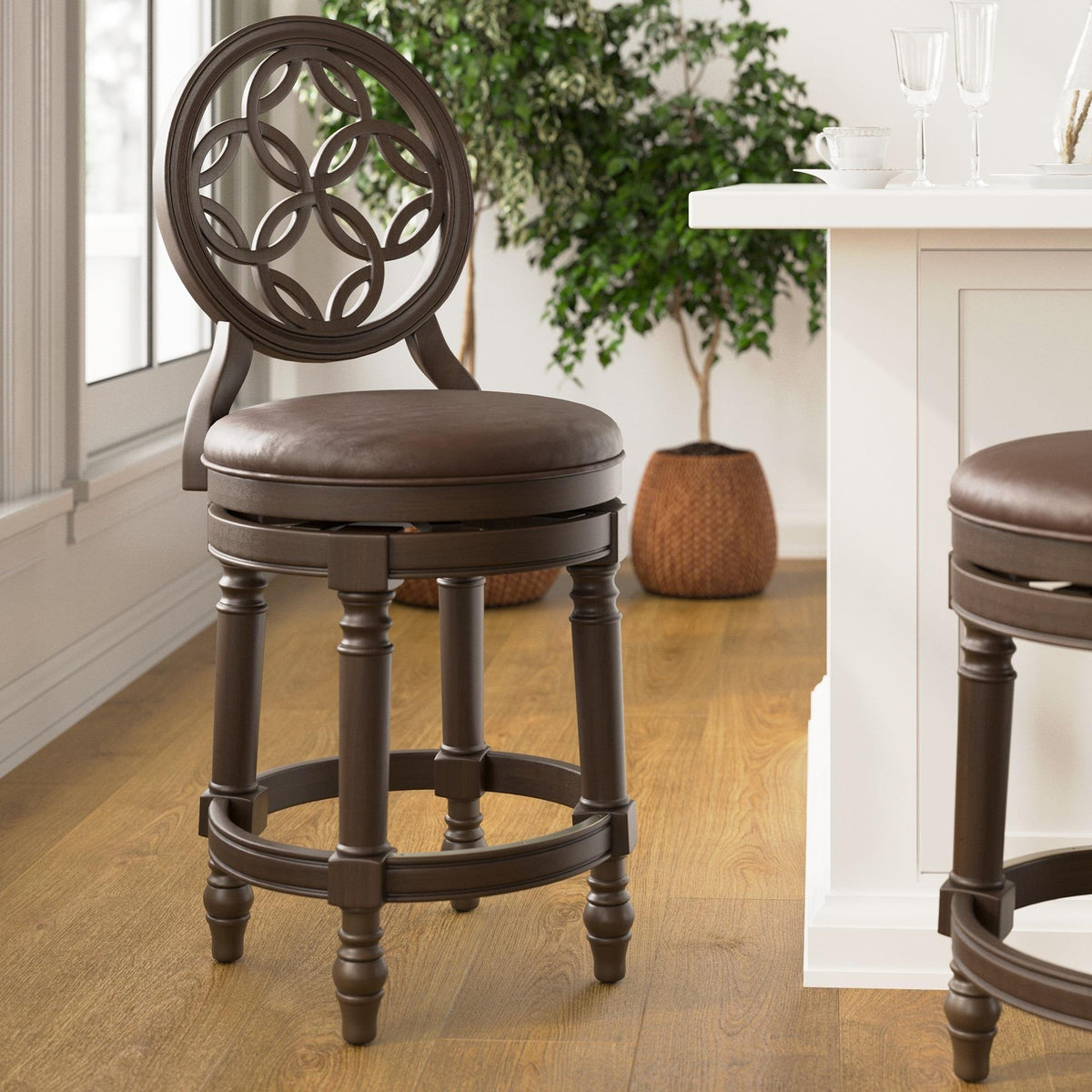 26" Wood Counter-Height Bar Stool with Back and Swivel Upholstered Seat, 1PC