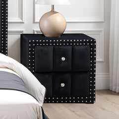 Black Color Contemporary Style 1pc Nightstand Crystal-like Knobs Vertical Channel Tufting Nailhead Trim Fabric Bedside Table Bedroom Furniture