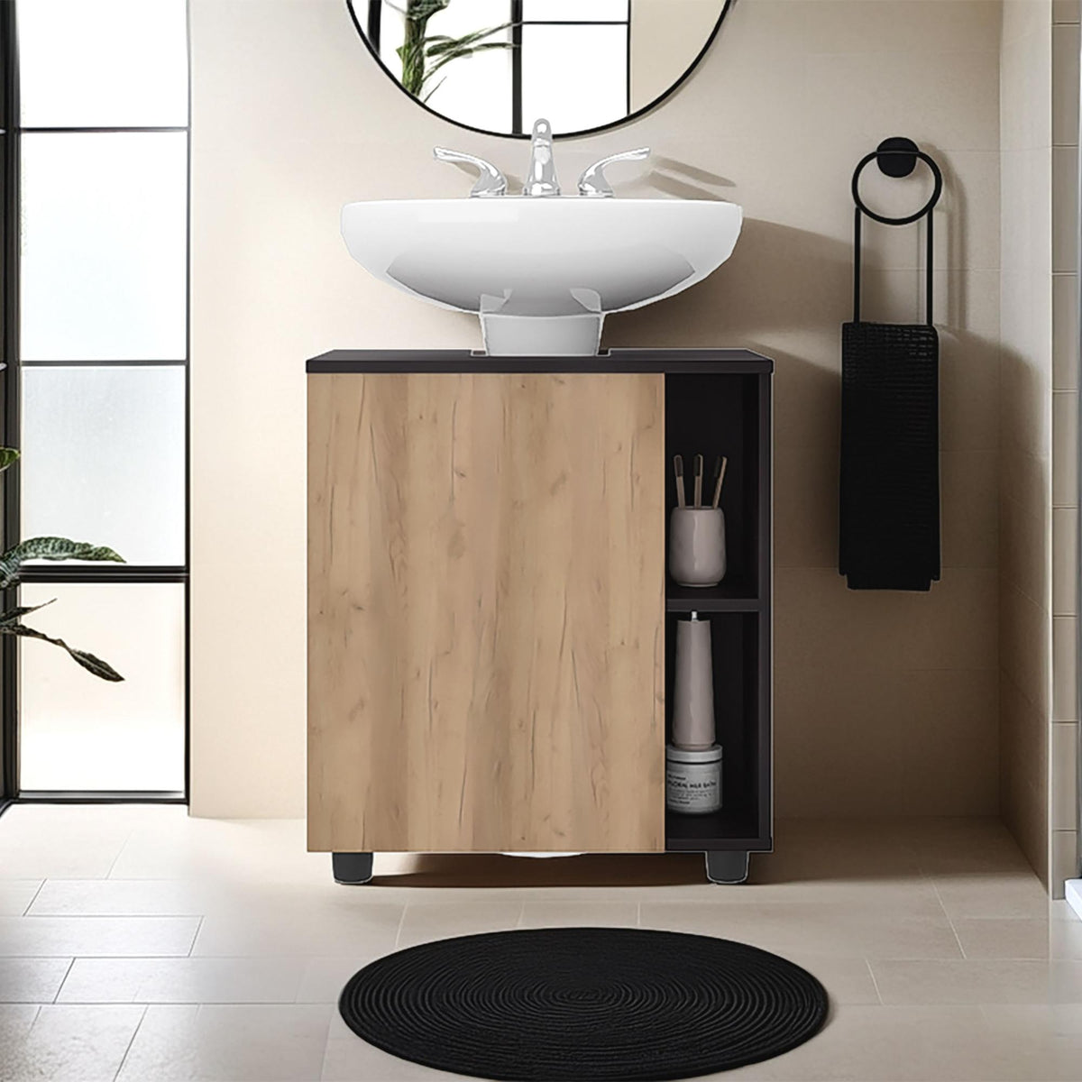 Apocalypse Sink Storage 24.4" H, 1 Door, 4 Shelves, 4 Legs, Natural Oak / Black Wengue - Bathroom