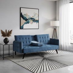 72" Velvet Convertible Sofa Bed with Cup Holders, Tufted Folding Futon Sleeper Couch, Mid-Century Modern 3 Seater for Small Spaces, 72" L x 34.6" D x 31" H,  Blue
