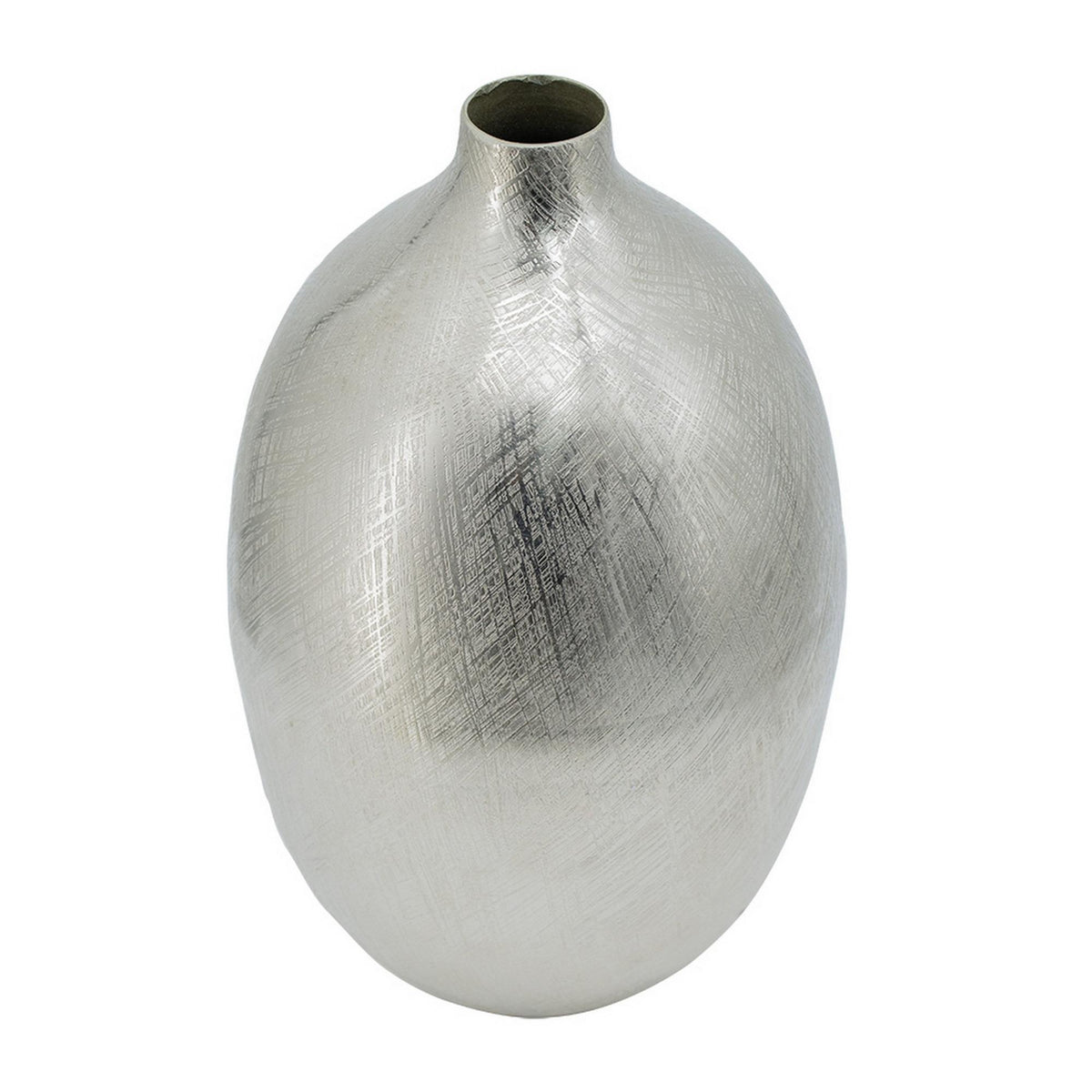 Pandora 14 Inch Modern Vase, Metal, Tall Curved Shape, Bottleneck, Silver