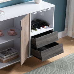 Armageddon Display Rack, Cabinet with Drawer, Holds 6 Wine Glass, White & Dark Taupe & Distressed Grey