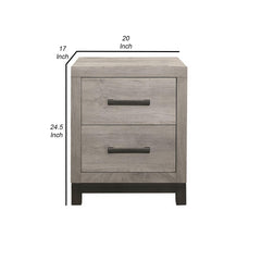 Mirage 25 Inch Classic 2 Drawer Nightstand, Metal Handles, Wood Grain Gray