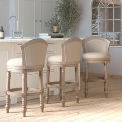 31" Wood Barrel-Back Bar Stool with Swivel and Upholstered Seat and Back, Uptown Gray with Beige Seat and Back, 1PC