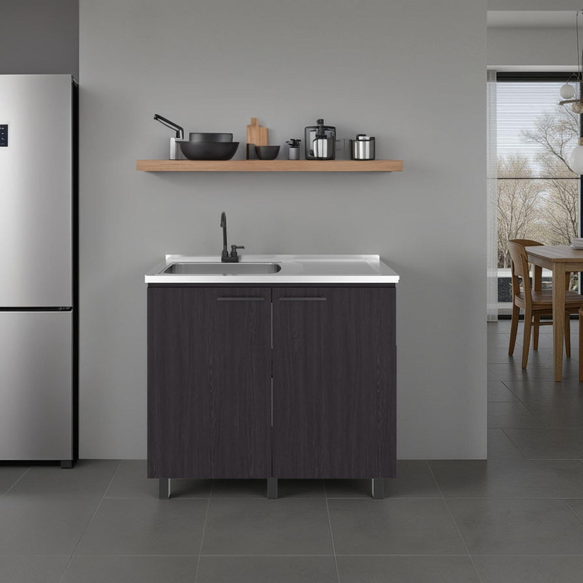 Pulsar 2 Utility Sink with Cabinet, Stainless Steel Countertop, Interior Shelf - Wenge