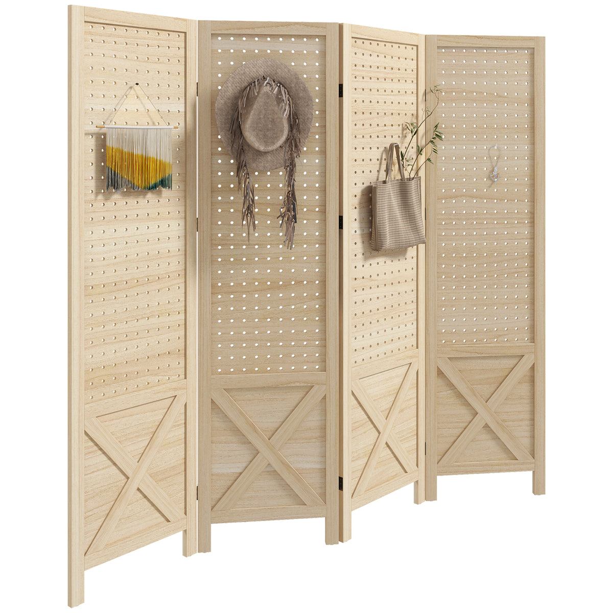 4.7' 4 Panel Wooden Room Divider with Pegboard Display, Folding Privacy Screen for Home Office, Natural