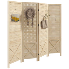 4.7' 4 Panel Wooden Room Divider with Pegboard Display, Folding Privacy Screen for Home Office, Natural