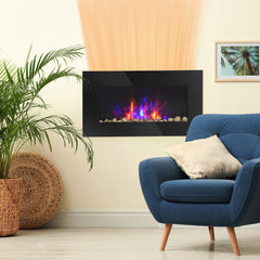 28.5" 1450W Electric Wall-Mounted Fireplace with Flame Effect, 7 Color Background Light, Black