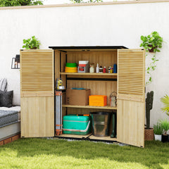 Wood Storage Shed, Outdoor Garden Shed with Asphalt Roof, 2 Shelves, Lockable Doors and Adjustable Feet, Natural