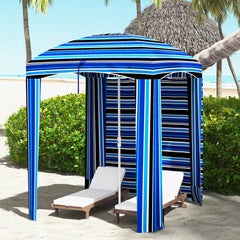 5.8' x 5.8' Cabana Umbrella with Walls, Vents, Ruffles, Carry Bag, Beach Umbrella, Blue Stripe