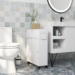 Toilet Paper Cabinet, Slim Bathroom Cabinet with 4 Rolling Wheels, Small Bathroom Storage Cabinet with Paper Holes, Sliding Doors and Adjustable Shelf for Small Space, White