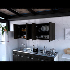 Wall Cabinet 24" H, Four Doors, Two Open Storage Shelves, Two Internal Shelves, Internal Dish and Glass Organizer, Black