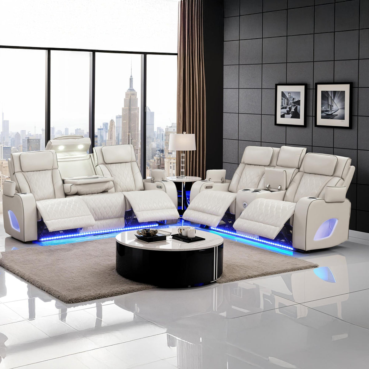 Hephaestus Modern Style Upholstery Recliner 2PC Livingroom Set Made with Wood & Massage Function Included-Beige