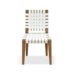 Exhibition 19 Inch Dining Chair, Woven Faux Leather Seat, Set of 2, White, Brown Wood