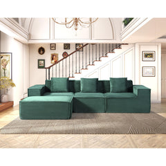 Moon Convertible Corduroy Sectional Couch with Ottoman & Pillows, Modular L Shaped Sleeper Sofa, Boneless Cloud Couch for Living Room Furniture, Dark Green