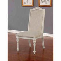 Elegant Rustic 5pc Dining Set Round Table 4x Side Chairs Ivory Fabric Upholstered Seat Antique White