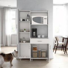 Theseus Kitchen Pantry and Microwave Cabinet with 3 Side Storage Shelves, Built-In Pet Station, One Drawer, One Small Cabinet and, One Open Shelf