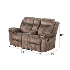 Haven Two Tone Chocolate Velvet Recliner Loveseat w/USB Port & Console