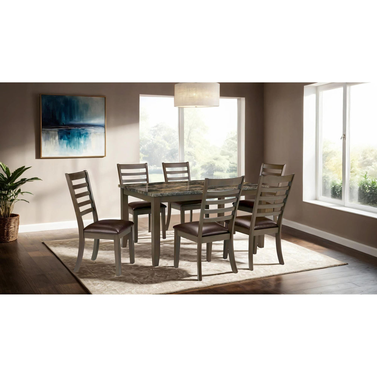 Agamemnon Classic Brown 7pc Dining Set Faux Marble Top Dining Table 6xSide Chairs Leatherette Seats Dining Room Furniture