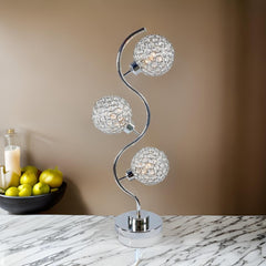 Haven 32 Inch Table Lamp, Metal Frame, Round Base Glass, Crystals, Silver