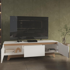 Ares Tv Stand, Two Doors Modern Entertainment Center, Open Shelves And Cable Management, White/ Natural Oak