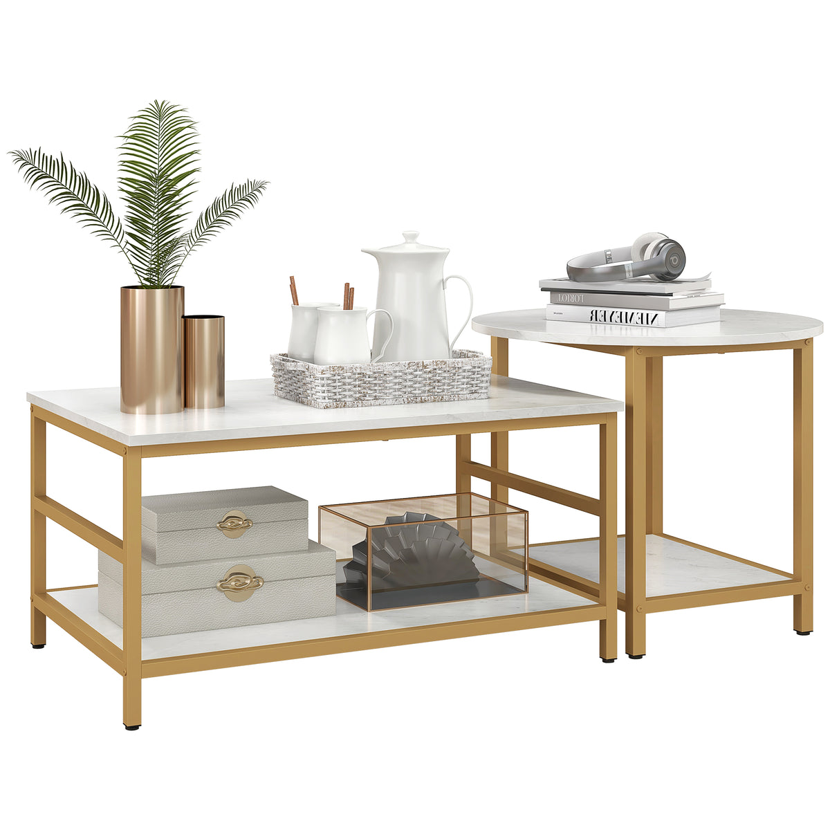 Coffee Tables Set of 2, Rectangle and Round Coffee Table with Storage Shelves, Faux Marble Top, Living Room Table Set