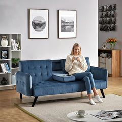 72" Velvet Convertible Sofa Bed with Cup Holders, Tufted Folding Futon Sleeper Couch, Mid-Century Modern 3 Seater for Small Spaces, 72" L x 34.6" D x 31" H, Dark Blue