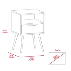 Story Nightstand , Superior Top, One Open Shelf, One Drawer, Four Legs -Smokey Oak / White