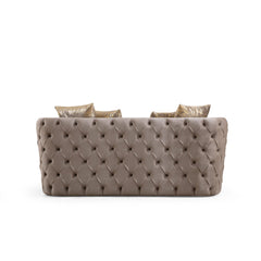 Revelation Button Tufted Loveseat with Velvet Fabric and Gold Accent in Taupe