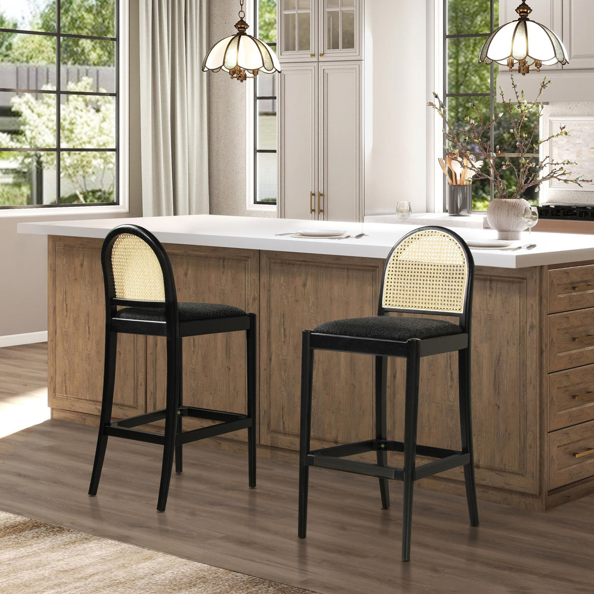Neptune 30.5" Curved Back Cane Rattan Bar Stool, Set of 2, Ebony Black Boucle