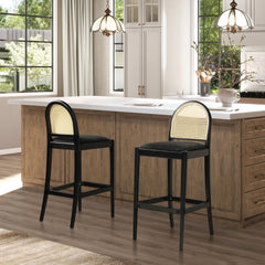 Neptune 30.5" Curved Back Cane Rattan Bar Stool, Set of 2, Ebony Black Boucle