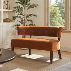 Sun Roll Arm Tufted Bench Settee, Burnt Orange Performance Velvet