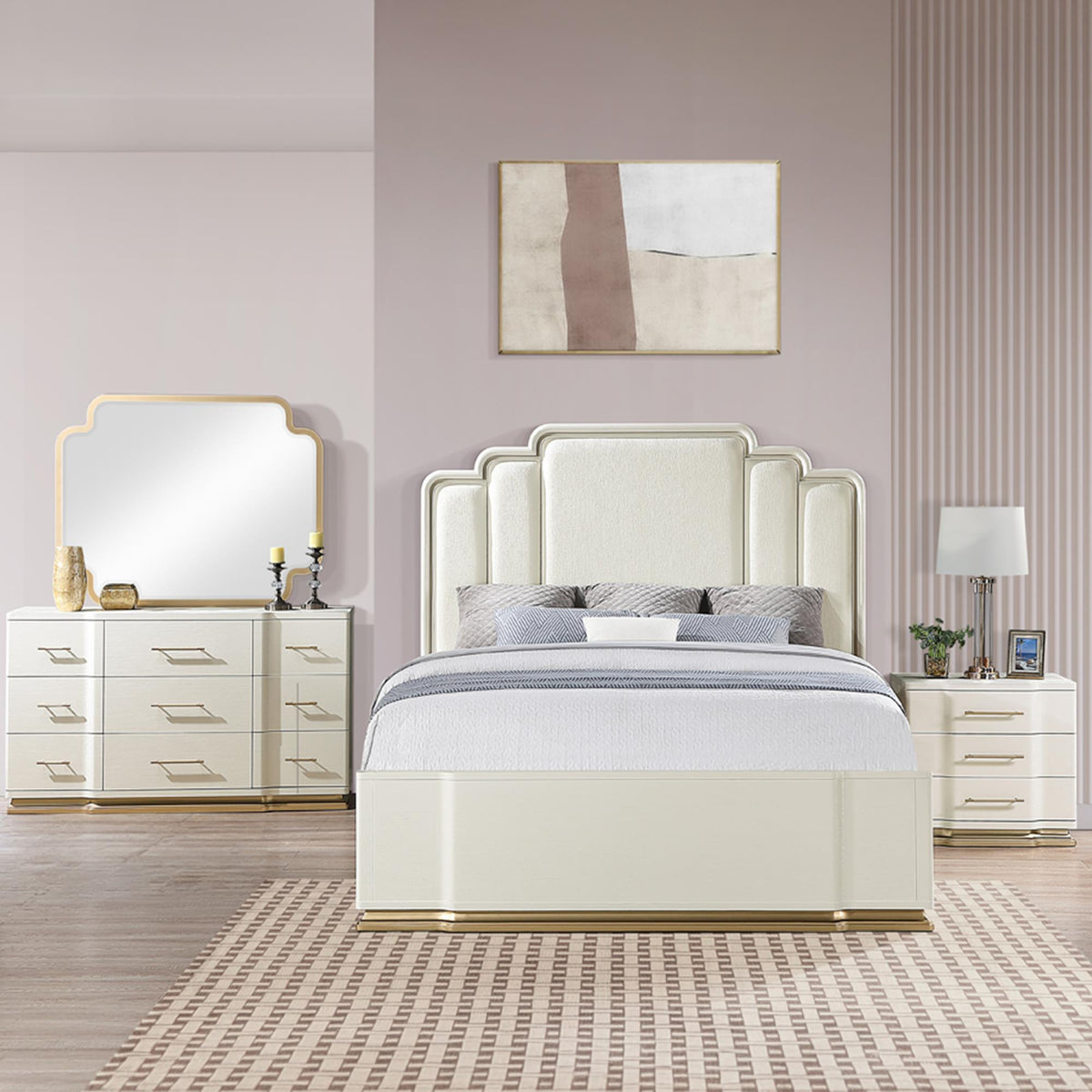 Cassandra 4-Piece King Bedroom Set in Beige with Upholstered Bed, Dresser, Mirror and Nightstand