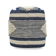Log Handcrafted Fabric Cylindrical Pouf, White and Dark Blue
