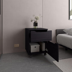 Quasar Open Shelves Nightstand With One Door, Modern Bedside Table For Bedroom Storage, Black
