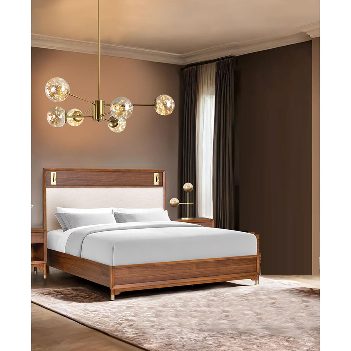 Mid-Century Modern Beautiful 1pc Eastern King Size Bed Walnut Solid wood Upholstered HB w Reading Light Bedroom Furniture