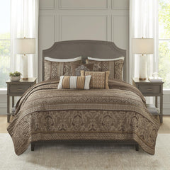 6 Piece Jacquard Quilt Set with Throw Pillows Brown/Gold King/Cal King