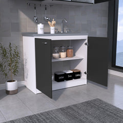Pandora Sink, Double Door Cabinet, Two Shelves, White / Black