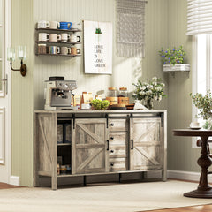 59" Buffet Cabinet, Farmhouse Sideboard with Thick Top, 2 Barn Doors, 4 Drawers and 2 Adjustable Shelves, Gray Wash