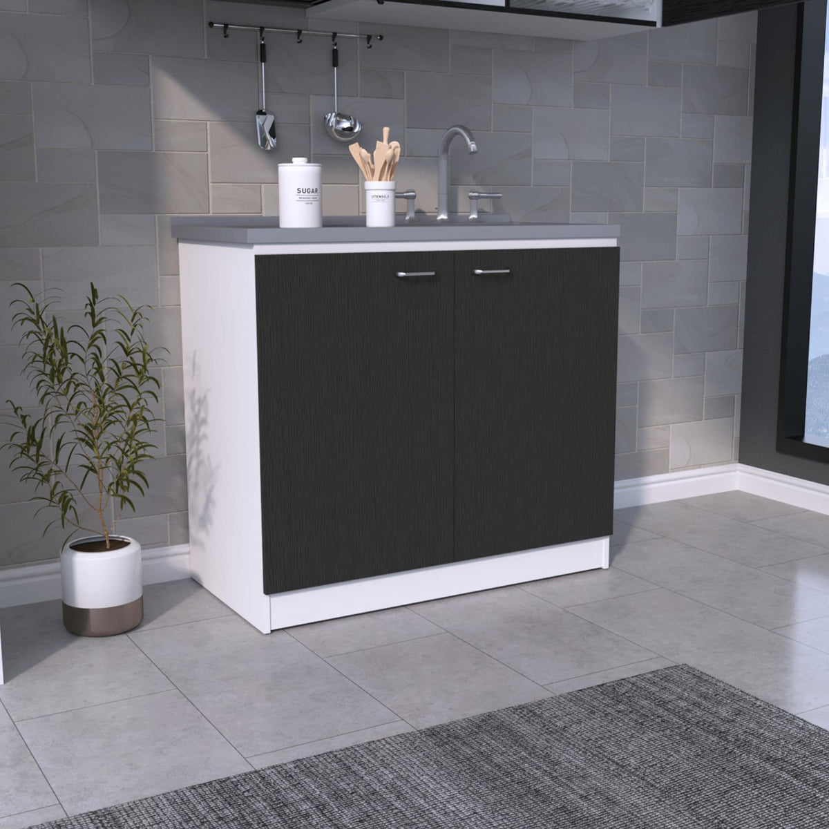 Pandora Sink, Double Door Cabinet, Two Shelves, White / Black