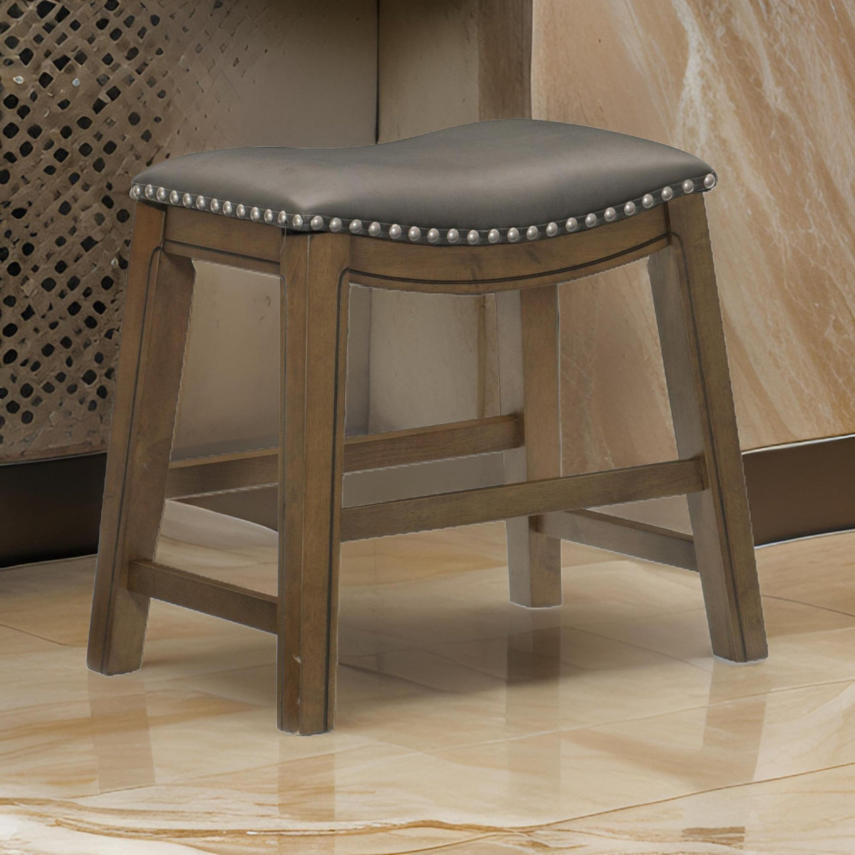 Avalon 20 Inch Dining Stool, Gray Faux Leather, Brown Solid Wood, Nailheads