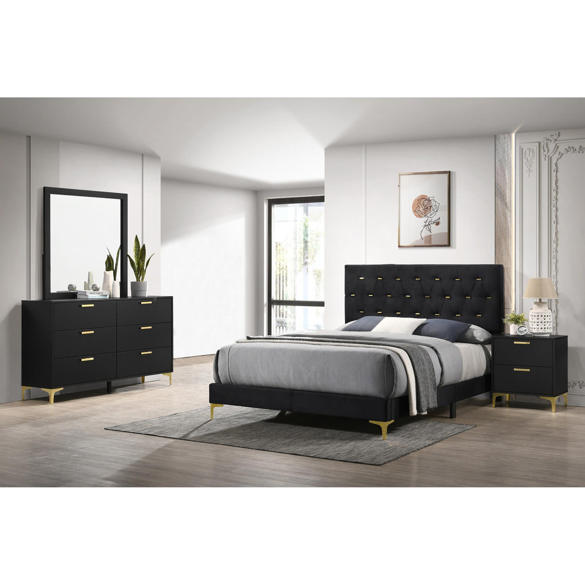 Paris Black/Gold 4-piece Tufted Panel Queen Bedroom Set