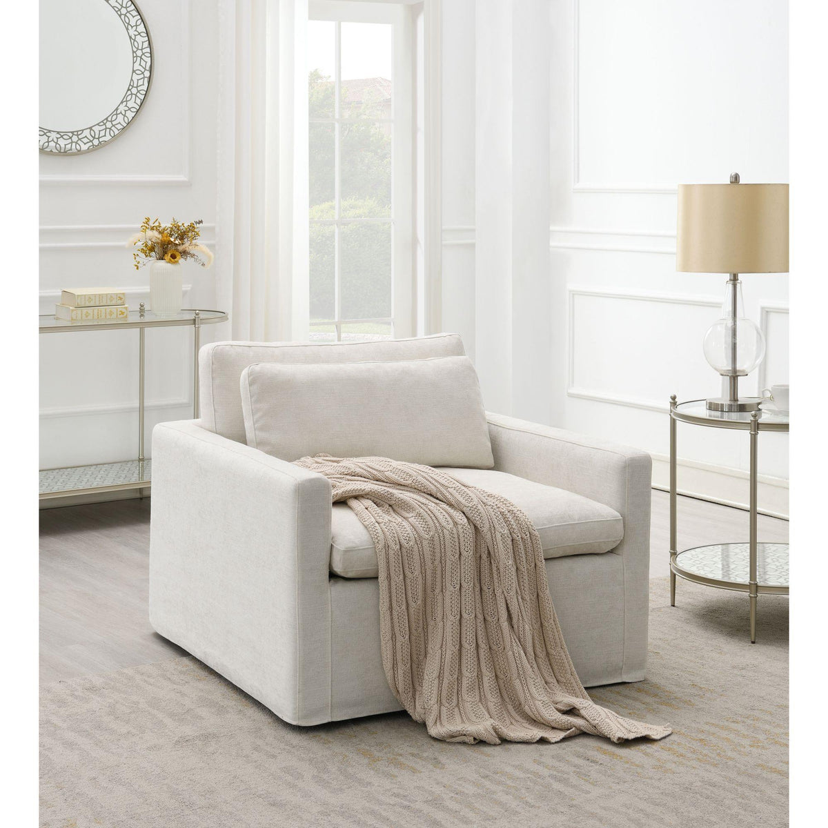 Exhibition Ivory Fabric Swivel Chair with 1 Toss Pillow