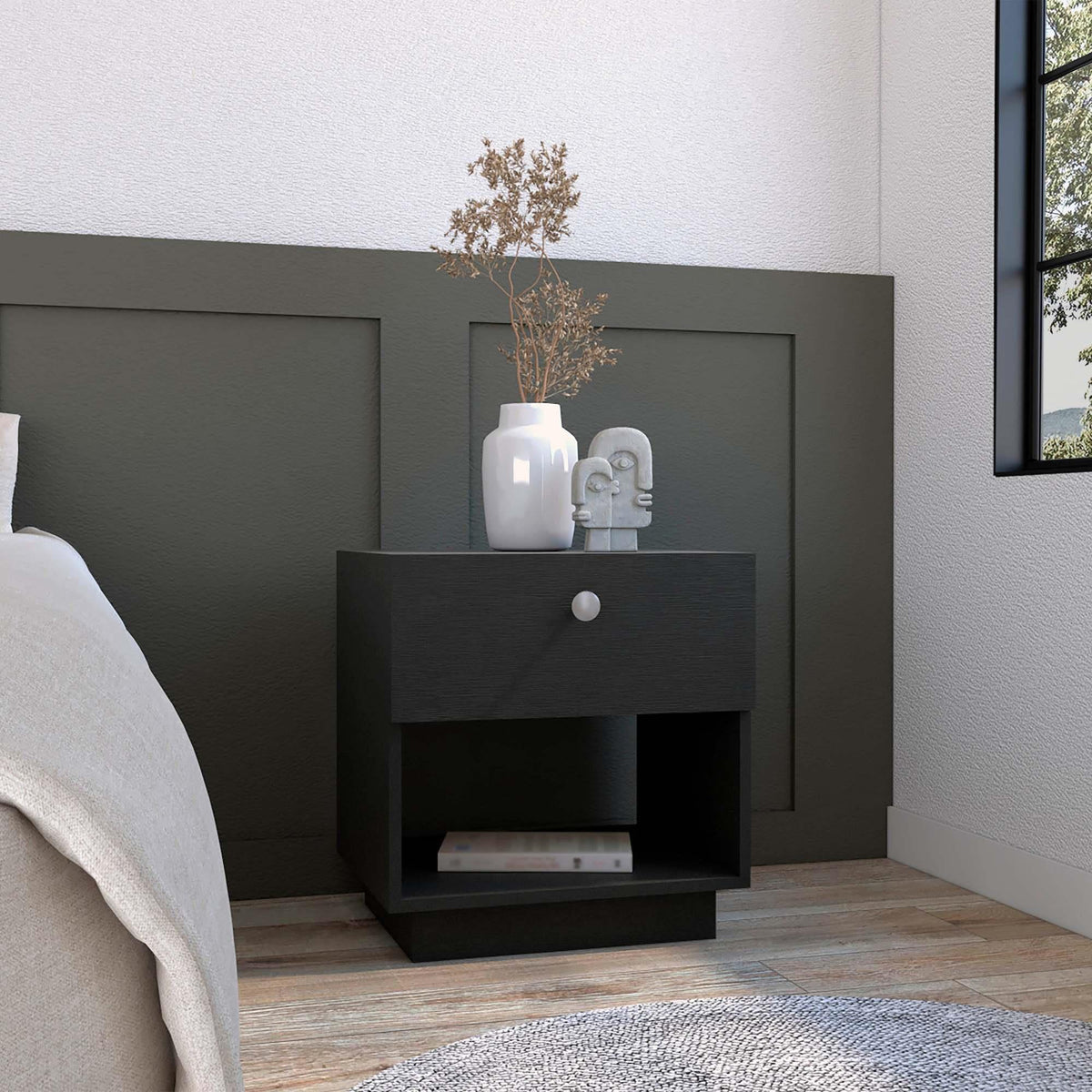 Artemis Drawer Nightstand 19"H with Open Storage Shelf, Black